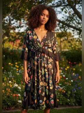 Vicky and Lucas Boho Chic V-Neck Black Floral Midi Dress with Ruffle Trim